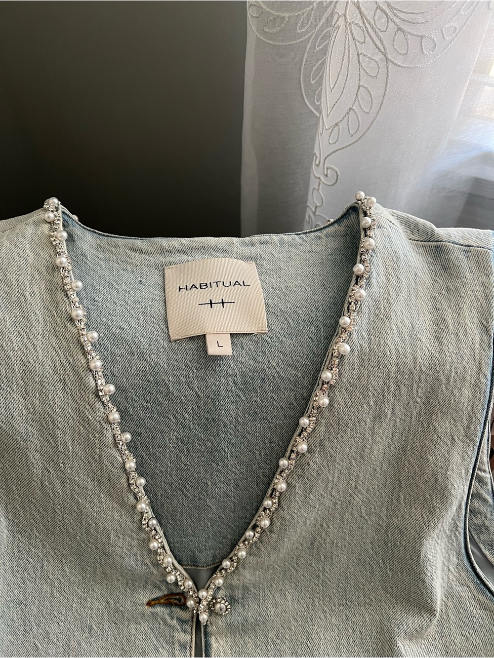 Habitual Light Blue Denim Vest with Pearl & Crystal Trim